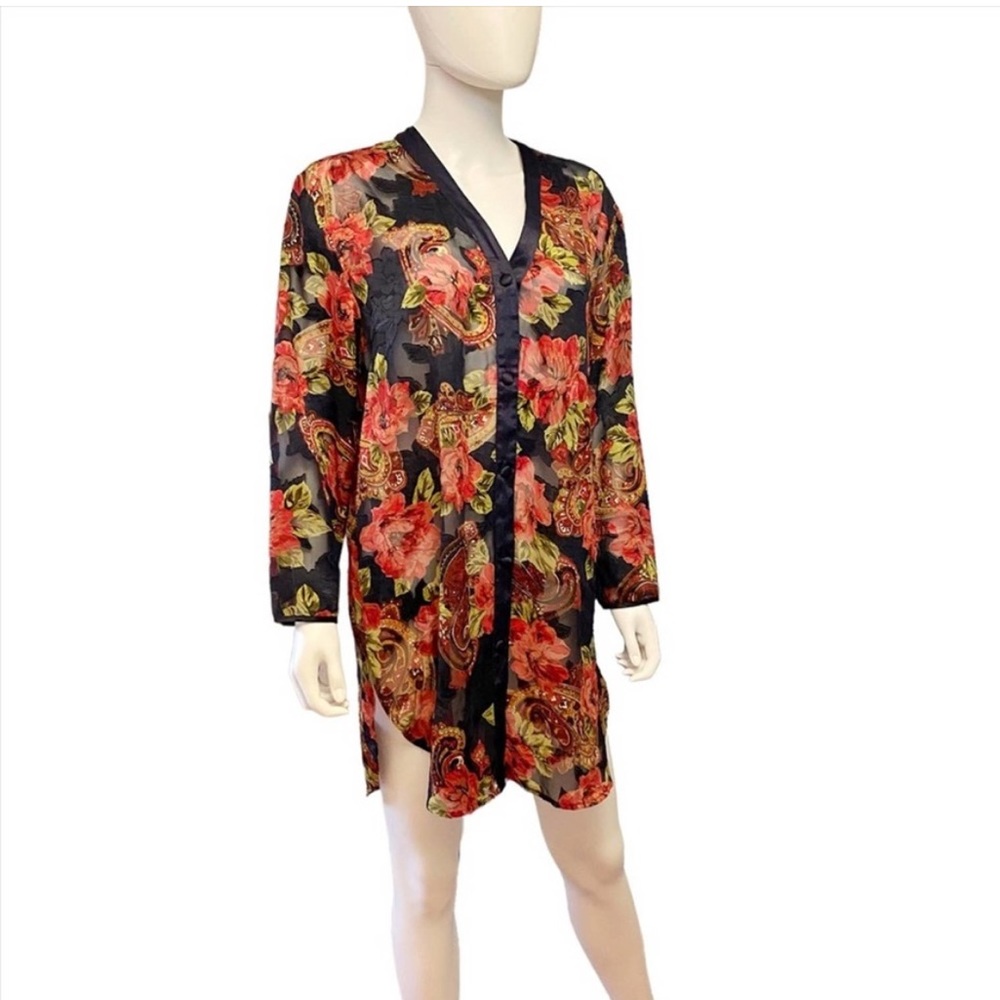 Victoria’s Secret Gold Label Flowy Style Sheer Metallic Floral Shirt Dress - Picture 3 of 8
